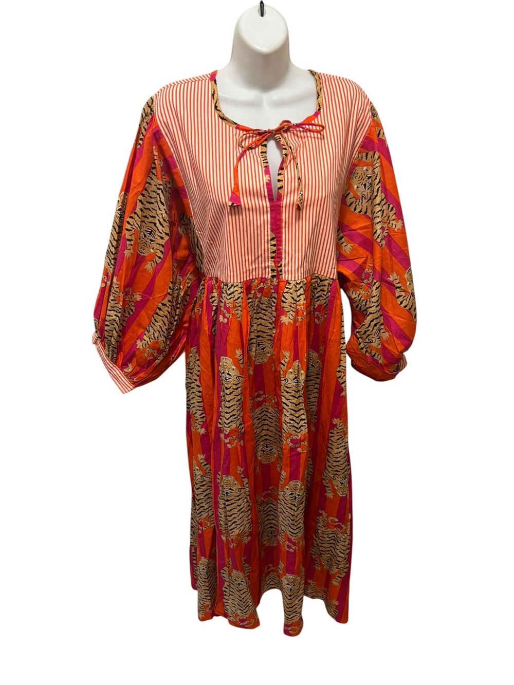House of Sundar Tara Midi Dress Orange & Pink/3XL Tigress Red Tan Wide Ballon 3X - Picture 2 of 7
